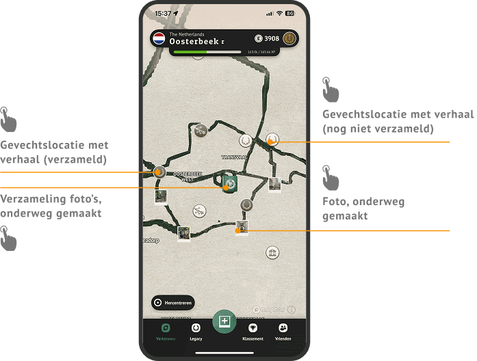 Routekaart met welke stops een verhaal hadden en welke al verzameld waren