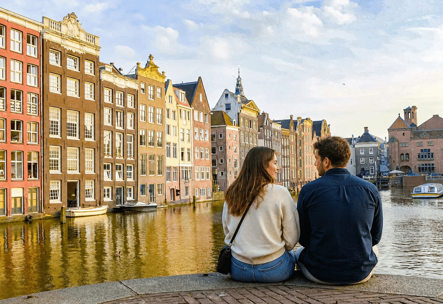 A couple sitting on a canal quay at golden hour, with three polaroid memories shared from the app