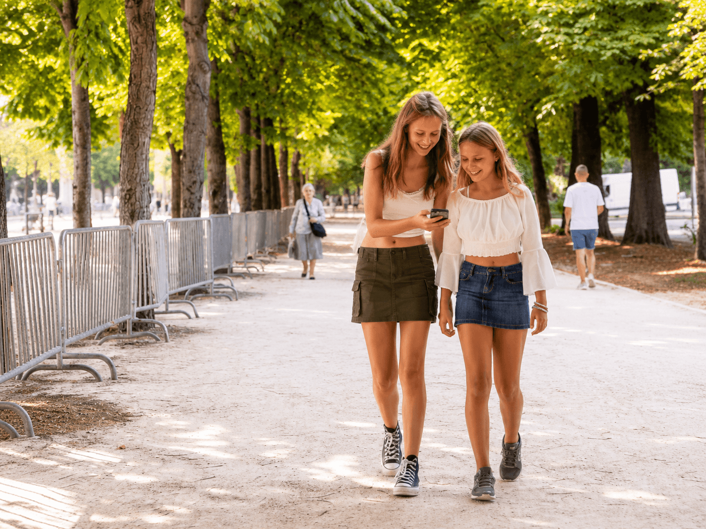 Two teenagers walking a tree-lined park path, looking together at something on a phone, with a World Wonders Eiffel Tower coin