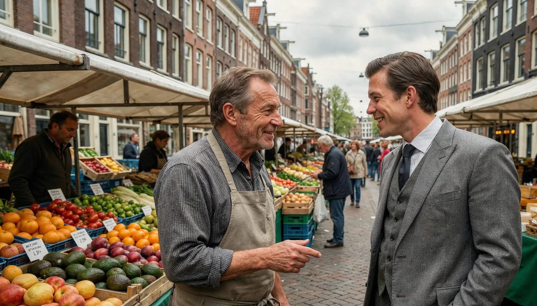 Market stalls piled with fresh produce in Amsterdam