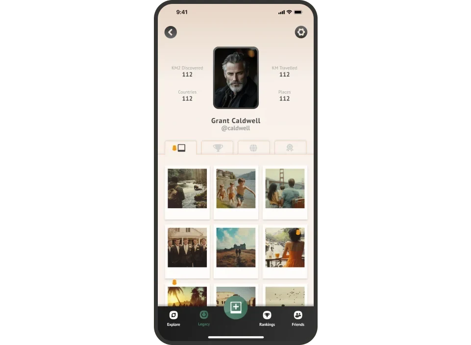 The Memento overview: a grid of polaroids under the profile's Legacy tab