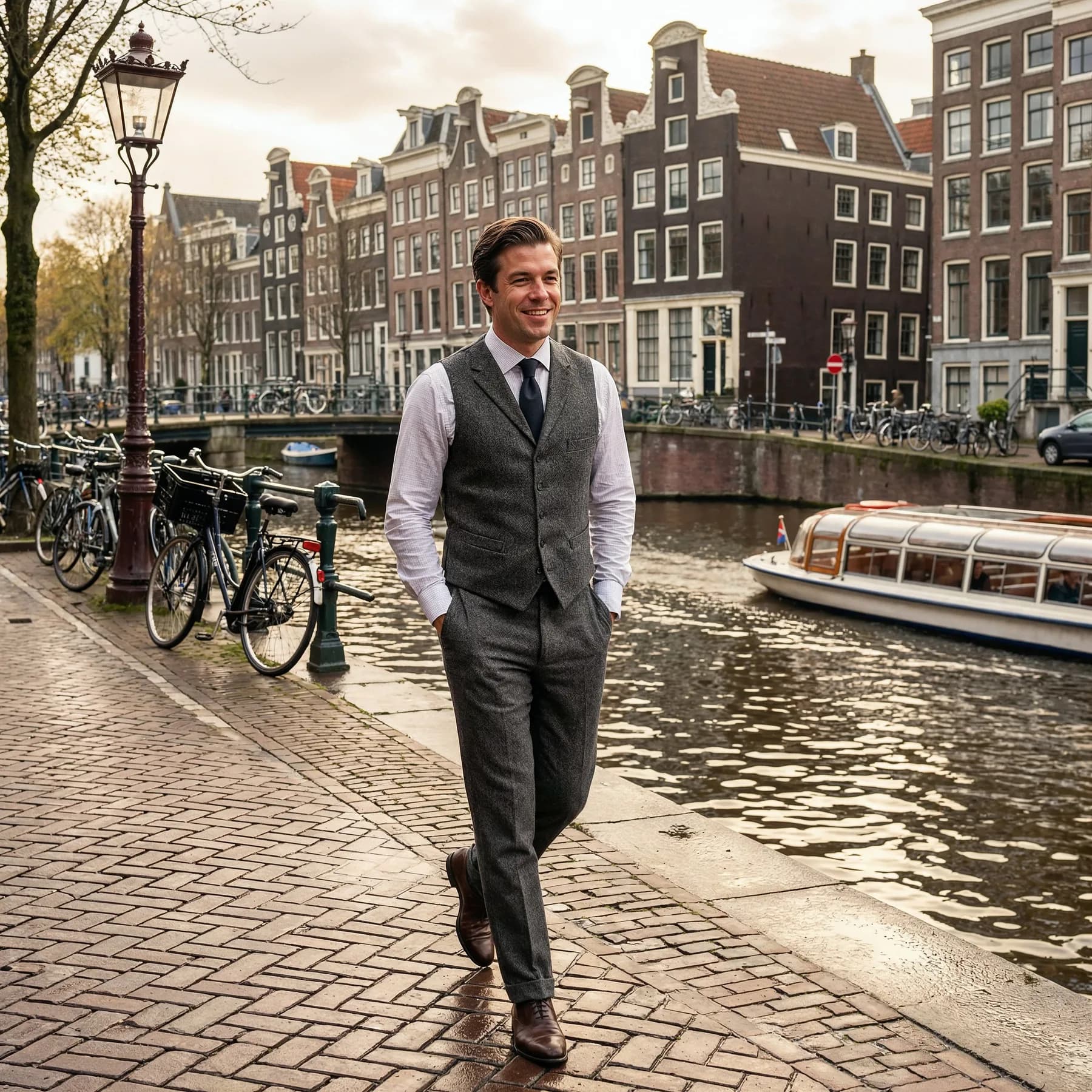 Morning walk along an Amsterdam canal